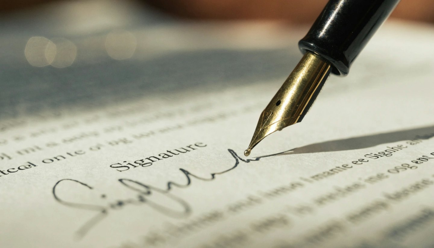 Penna stilografica nera che firma un documento su carta bianca.